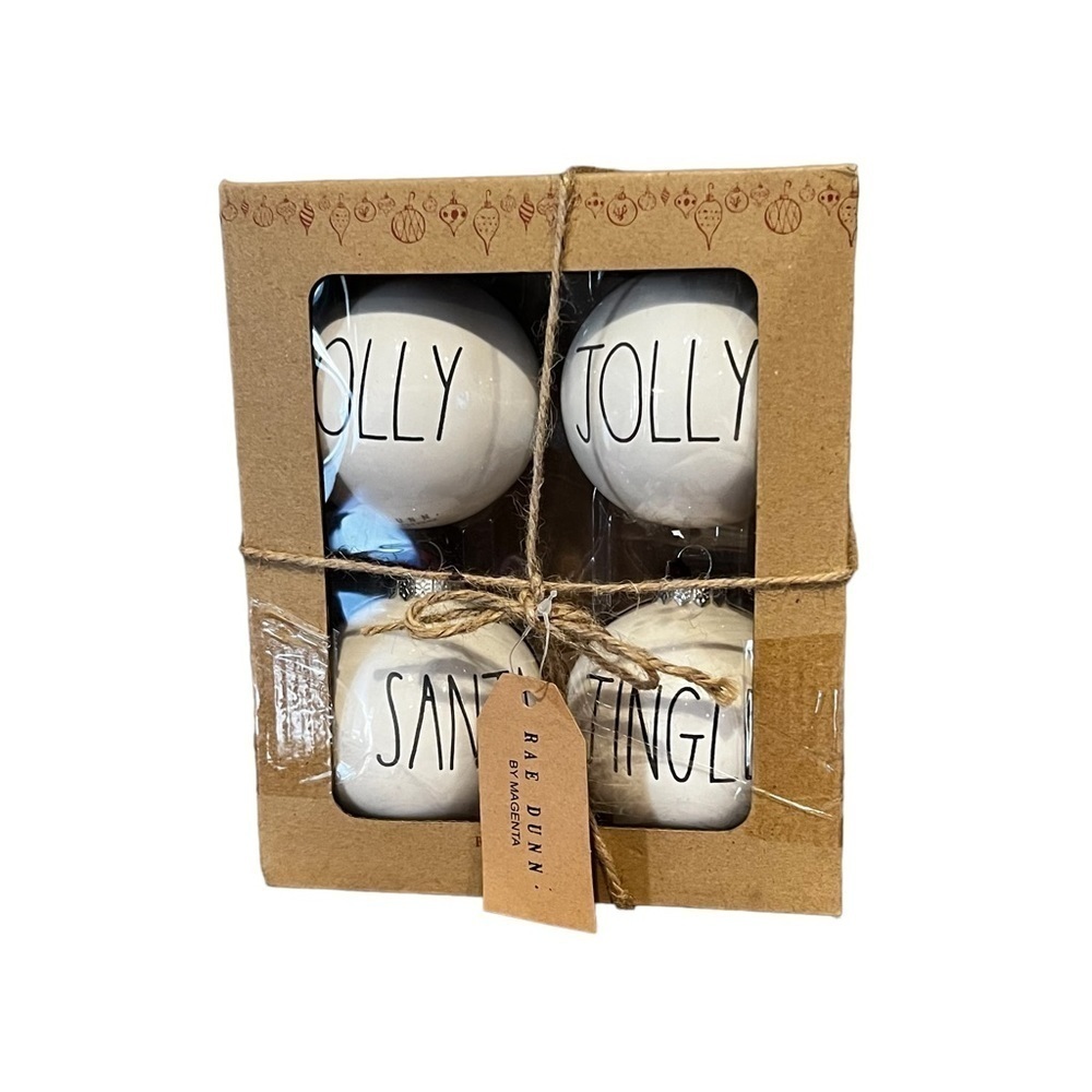 Rae Dunn Christmas Ornaments Set of 4 White Ceramic Holly Jolly Santa Jingle
